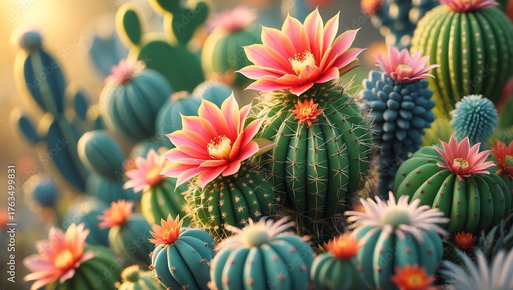 Fototapeta premium Realistic 3D cactus flowers in vibrant colors with soft golden lighting and shallow depth of field, arranged in natural composition. Ideal for wallpaper, background, or botanical design.