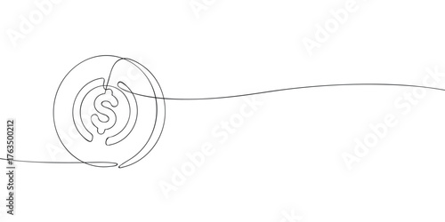 Continuous one line drawing of USDC coin with dollar symbol isolated on white background. Minimal cryptocurrency illustration for finance, banking, and digital currency design