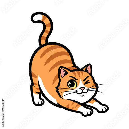 Cute Tabby Cat Mascot Stretching and Winking Isolated on White Background.