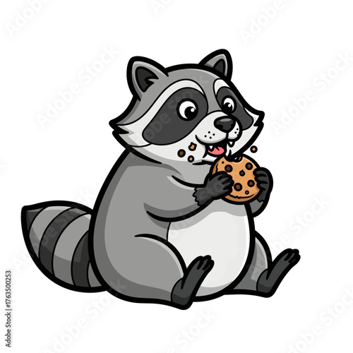 Raccoon Cartoon Happily Eating a Chocolate Chip Cookie. Isolated Vector Illustration.