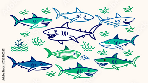 Blue Green Cartoon Shark Set Illustration Marine Life Seaweed Tropical Fish