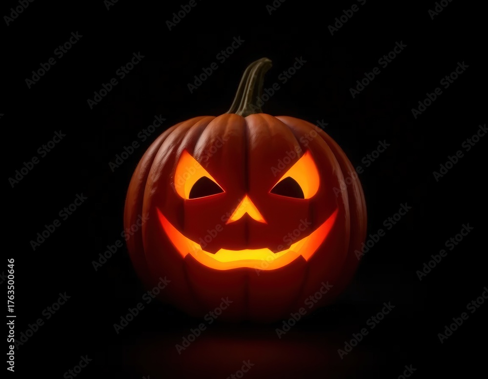 Fototapeta premium Dramatic Jack O'Lantern Glow on Black Studio Background for Halloween Design Mockup