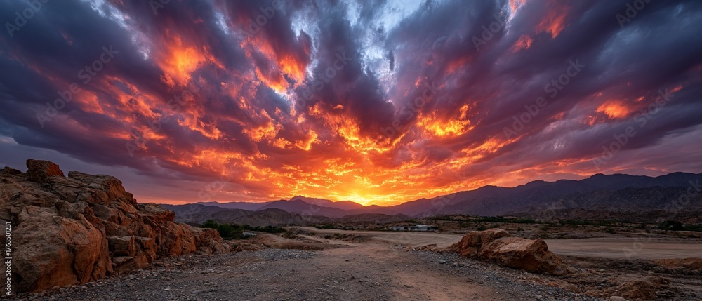 Fototapeta premium Fiery Sunset Over Desert Landscape Dramatic Clouds Mountains and Road.