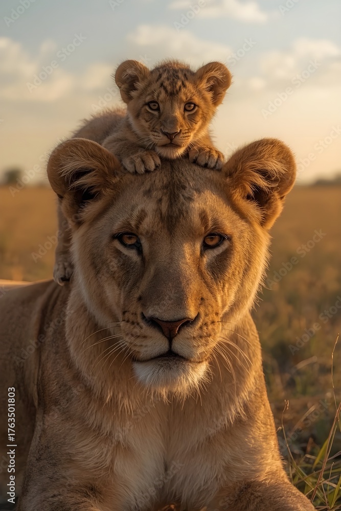Naklejka premium A lioness with her adorable cub resting on her head in the golden light of sunset, surrounded by warm African savannah
