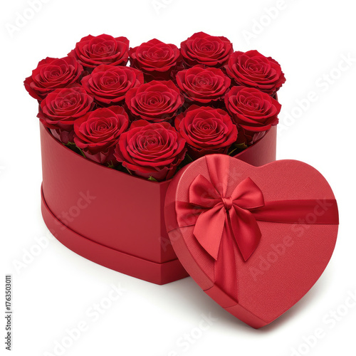 Heart shaped box filled with red roses and a heart shaped lid with a red ribbon bow