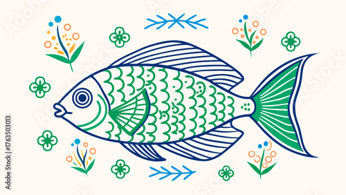 Vibrant Line Art Illustration of Tropical Angelfish with Floral Elements