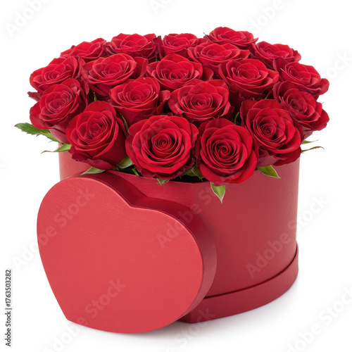 A bouquet of red roses in a red box with a heart shaped lid on a white background