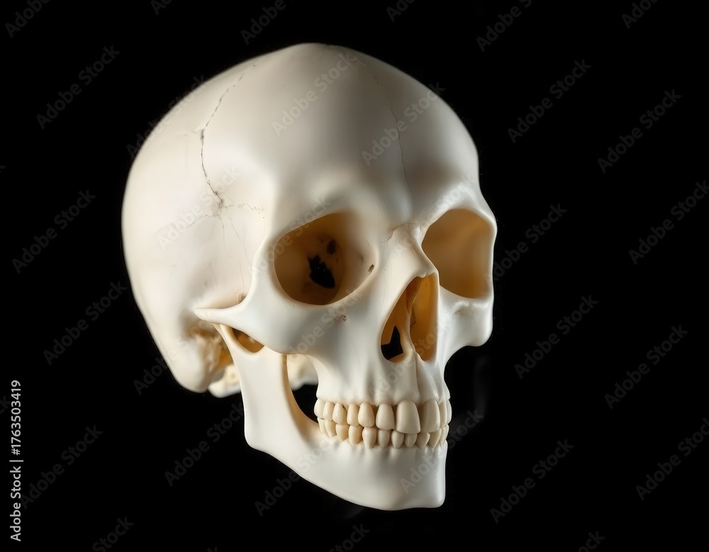 Obraz premium Gothic Human Skull Mockup with Dramatic Lighting on Deep Black Studio Background