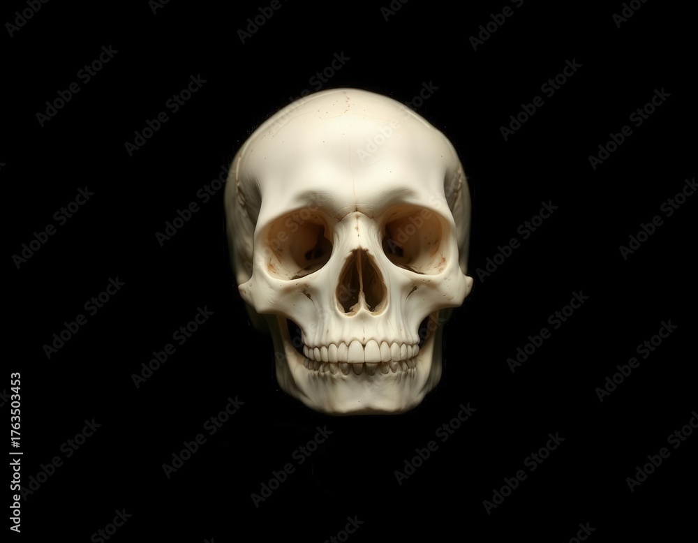 Fototapeta premium Gothic Human Skull Mockup with Dramatic Lighting on Deep Black Studio Background