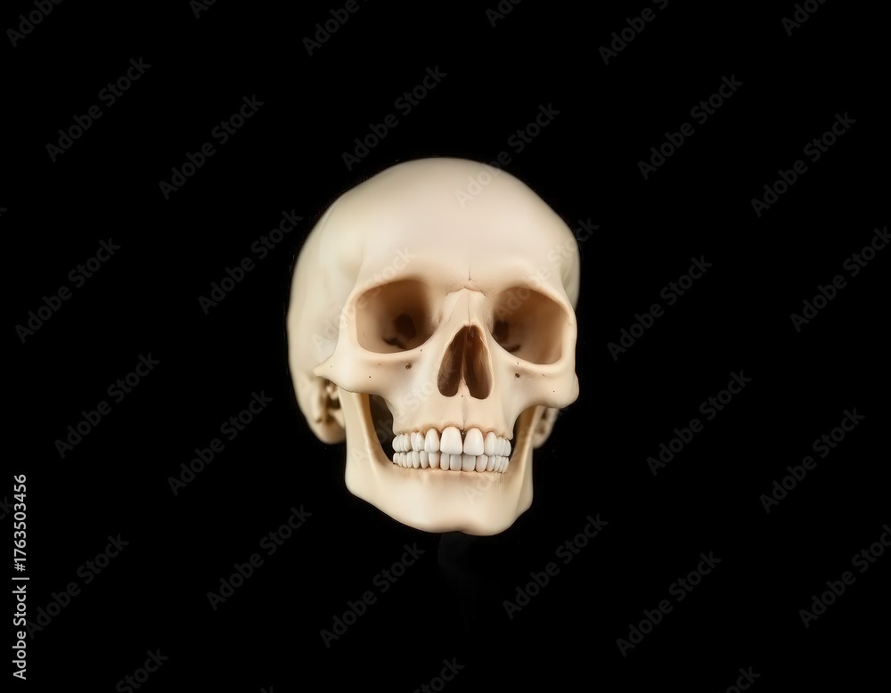 Fototapeta premium Gothic Human Skull Mockup with Dramatic Lighting on Deep Black Studio Background
