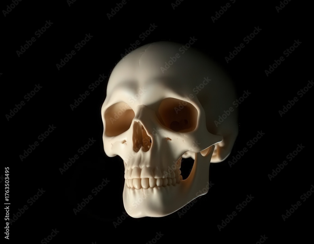 Obraz premium Gothic Human Skull Mockup with Dramatic Lighting on Deep Black Studio Background