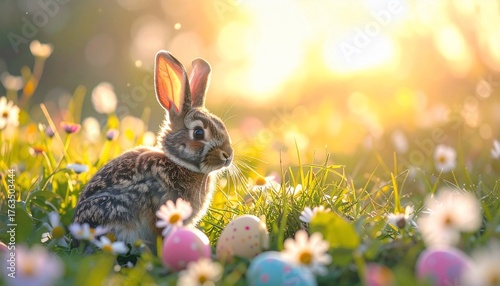 A captivating springtime scene featuring a bunny and decorated eggs in a sunny field