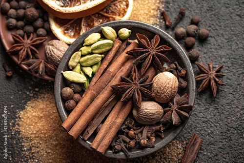 Christmas spices. Seasonal winter spices for mulled wine.