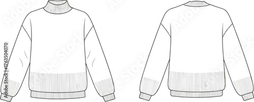 Long sleeve sweater technical sketch, ribbed neckline, cuffs and hem, relaxed fit, front and back view, cad drawing flat vector illustration