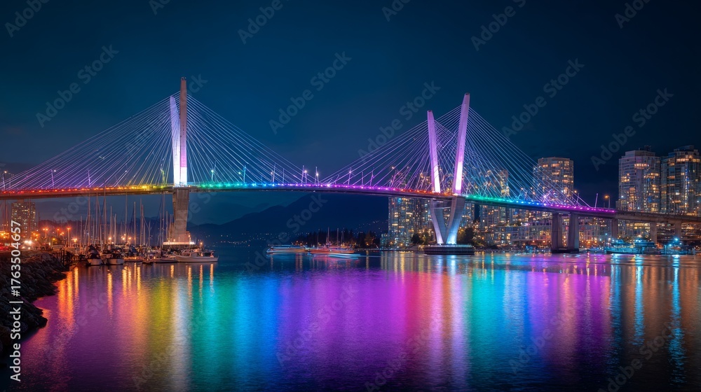 Obraz premium A brightly lit, colorful suspension bridge spans water at night, reflecting vibrant hues in the calm surface. City lights sparkle in the background