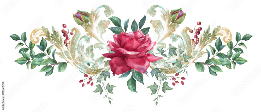 Fototapeta premium Watercolor red rose frame, gothic floral arrangement, vampire flower PNG border, isolated image with transparent backdrop 