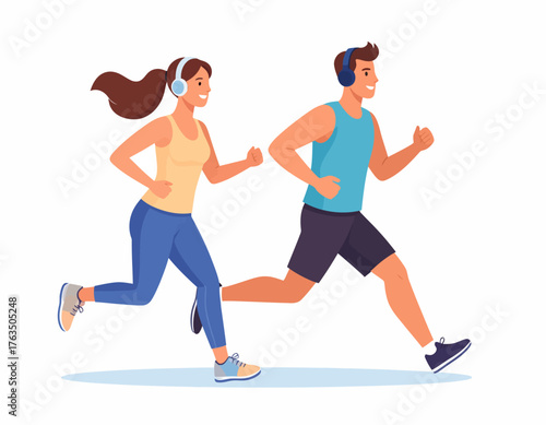 Illustration of a man and woman jogging together in athletic wear against a plain white background with a dynamic and energetic mood.