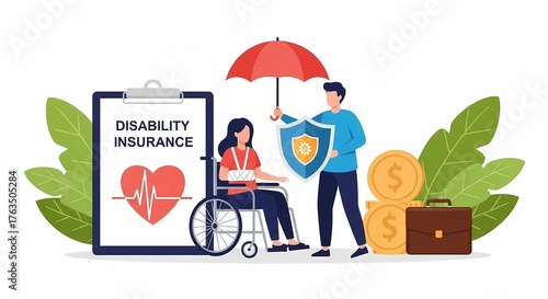 A professional illustration depicting a caring financial advisor offering disability insurance protection to a woman in a wheelchair, emphasizing health, finance, and security with vibrant colors.