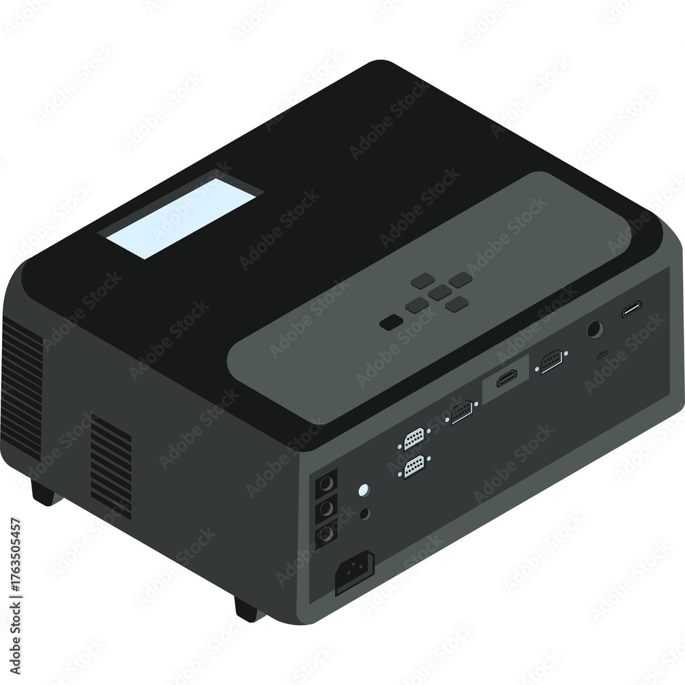 Obraz premium A dark gray digital projector with multiple input ports and vents sits on a transparent background showcasing its detailed design and technology.