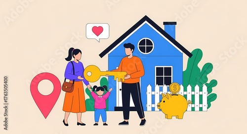 Happy family celebrating their new home with a large key, surrounded by a cute child, a piggy bank, and a colorful house with a fence and location pin icon.