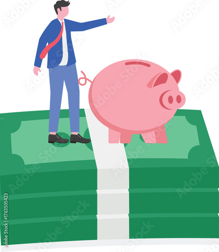 Businessman holding piggy bank near money illustration of financial stability and business investment security
