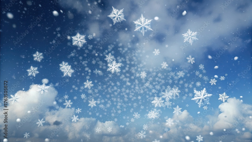Fototapeta premium Delicate snowflakes gently falling from a cloudy sky