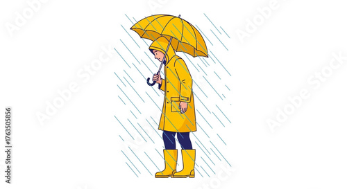 A person in a yellow raincoat and boots stands under a yellow umbrella in the rain. Vector Illustrations. EPS Editable