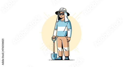 Archaeologist with shovel and hat in cartoon style. Vector Illustrations. EPS Editable