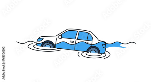 Cartoon illustration of a car submerged in water during a flood. Vector Illustrations. EPS Editable