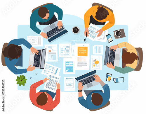 Overhead view of a diverse team collaborating on laptops and papers around a light blue table with a plant and camera on it against a white background.