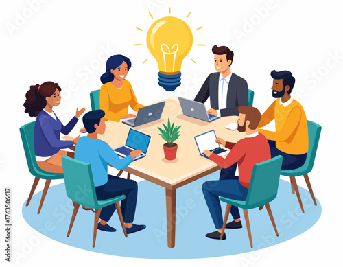 Diverse group of people sitting around a table with laptops and a lightbulb above, symbolizing a business meeting or brainstorming session in a modern office setting with a creative mood.
