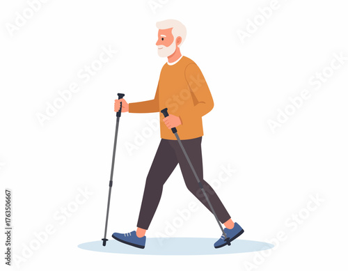 An elderly man walks with trekking poles in a casual outfit on a plain background with a minimalist style.