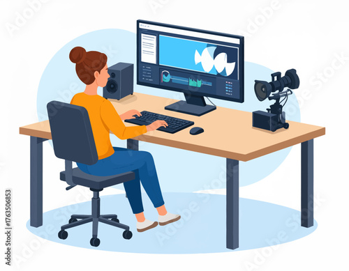 A woman sits at a desk working on a computer with video editing software on the screen and a camera on the desk.