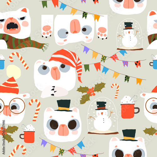 Seamless Pattern With Cute Polar Bear Faces and Christmas Elements