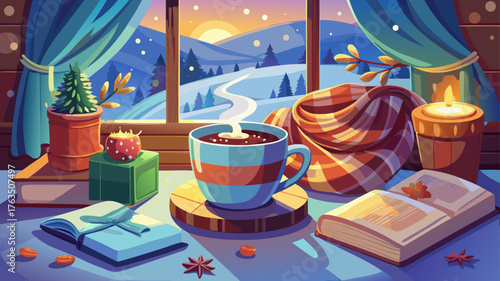 Very beautiful cozy winter composition with wool scarf, hot chocolate, and a book under soft daylight, reflecting comfort and calm indoor moments.
