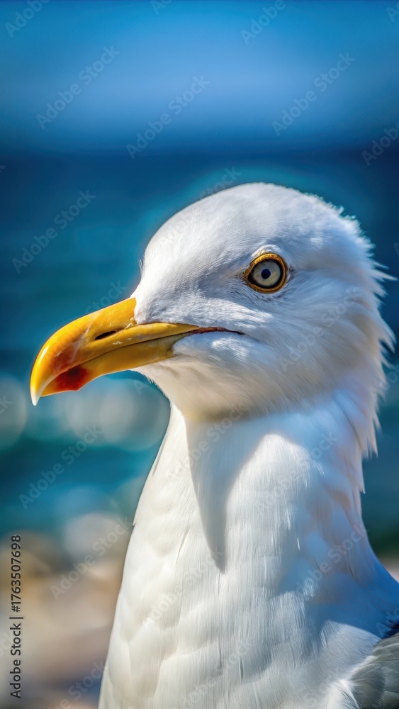 Obraz premium A close-up shot of a seagull's sharp beak with feathers ruffled by ocean breeze
