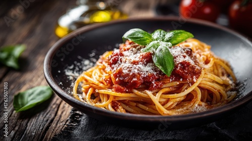 Delicious plate of spaghetti with rich tomato sauce, fresh basil leaves, and grated cheese on dark wooden background, perfect for Italian cuisine lovers