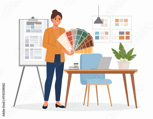 A young woman stands in a modern office presenting a color palette with a laptop and design materials nearby on a clean white background.