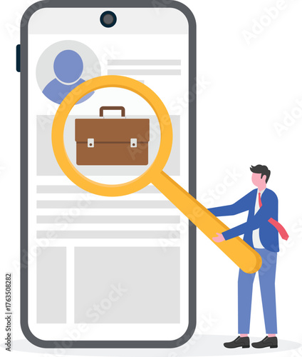 Businessman holding magnifying glass with briefcase icon to examine document with profile data illustration of research in finding employee candidates for business company
