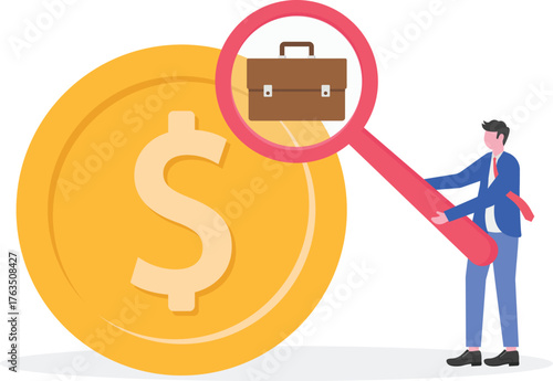 Businessman analyzing profitable project opportunities with magnifying glass near dollar coin document and briefcase illustration

