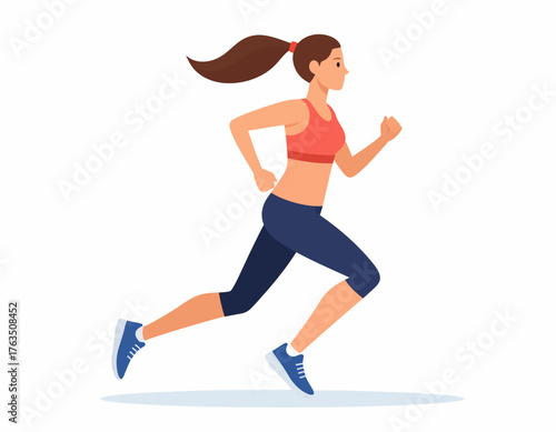 A woman in athletic wear running with her ponytail flowing, against a clean white background with a dynamic and energetic mood.