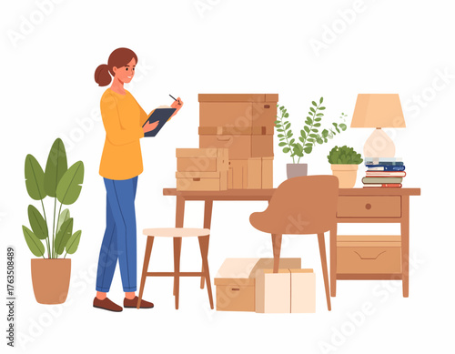 A woman in an orange shirt and blue jeans uses a tablet amidst stacked cardboard boxes and office furniture in a cluttered room with plants.