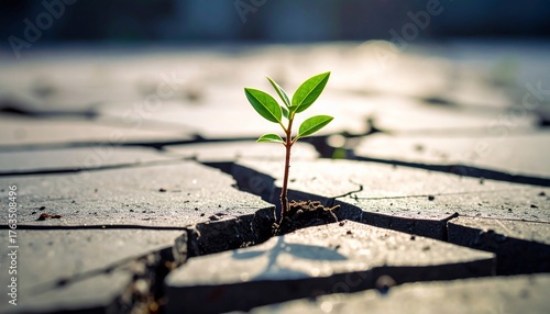 A small plant emerges from cracked pavement symbolizing resilience and growth outdoors