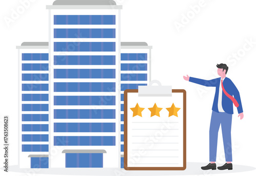 Businessman observing book with star symbol near office building illustration of studying guidelines for improving business company quality standards
