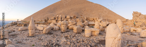 Panoramic view of the west terrace of Mount Nemrut at sunset