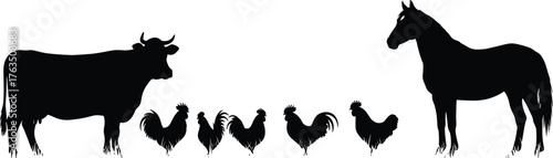Farm animals silhouette, cow rooster horse, rural livestock vector, black animal icons, agriculture illustration, cad drawing flat vector illustration