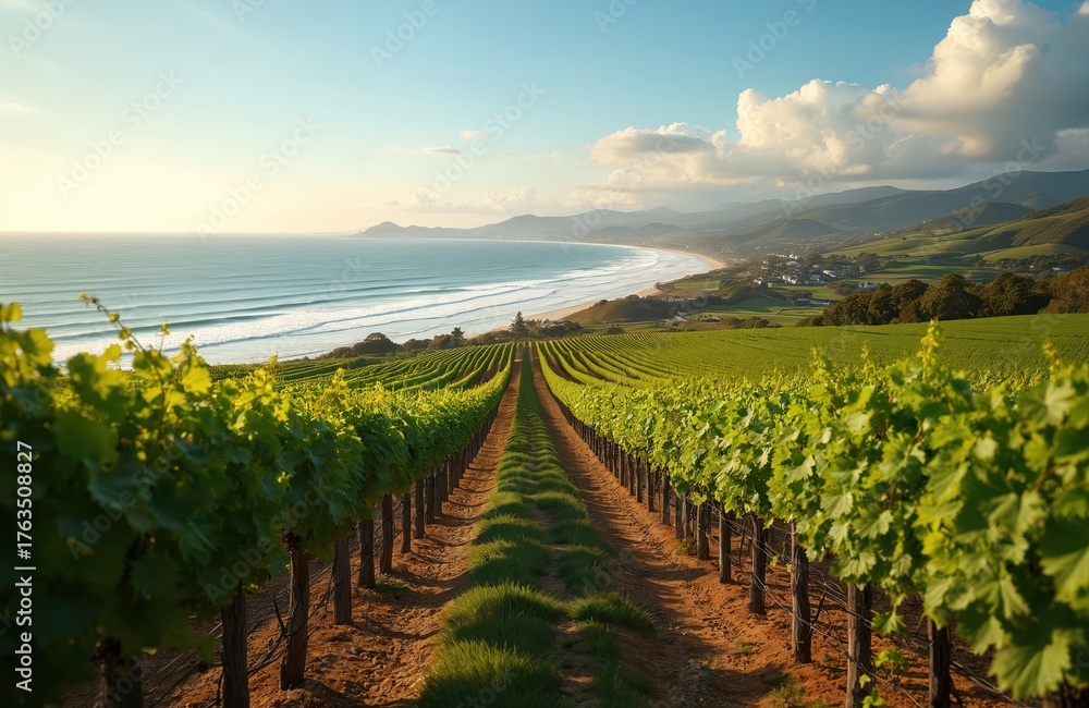 Naklejka premium Vineyard rows stretch toward ocean waves under clear sky. Green vines grow on hilly terrain near coastal town and calm sea. Peaceful natural landscape.