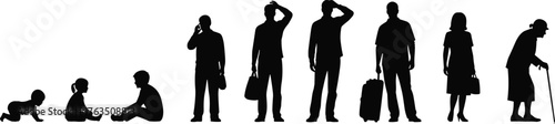 Human life stage silhouette, age progression vector, black flat design, cad drawing, aging concept, development timeline, generational growth illustration