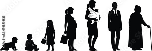 Human life stages, silhouette evolution, aging process, baby to elderly, growth timeline, demographic concept, vector art, black graphic, isolated design