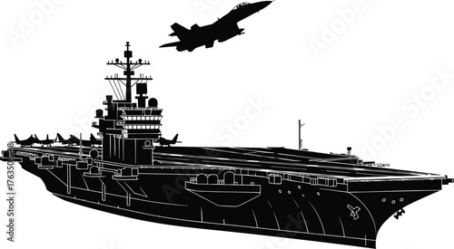 Silhouette of aircraft carrier with fighter jets, naval aviation power, military deck scene, flat vector, cad drawing, defense illustration